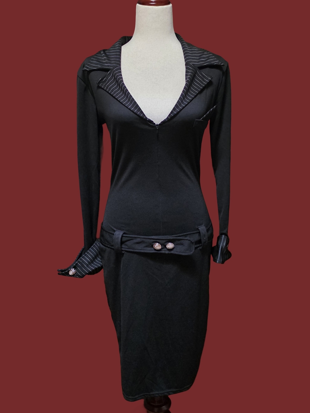 Leg Avenue CIA Black Pinstripe Collar Belted Long Sleeve Dress Costume